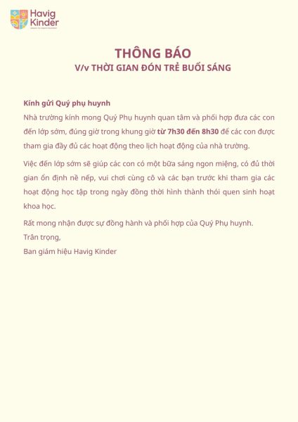 Thông báo về việc thời gian đón trẻ buổi sáng