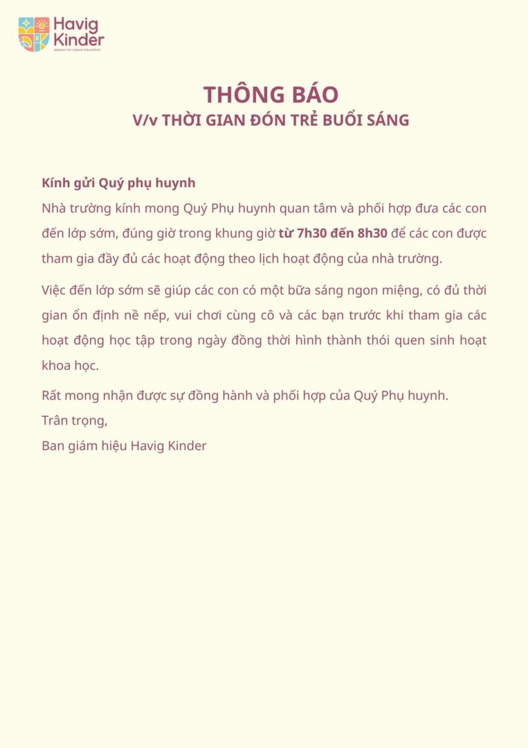 Thông báo về việc thời gian đón trẻ buổi sáng