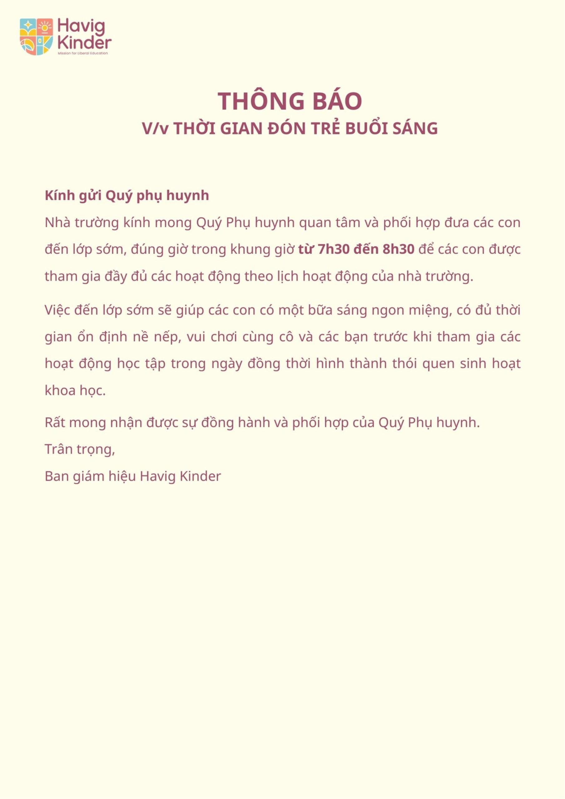 Thông báo về việc thời gian đón trẻ buổi sáng